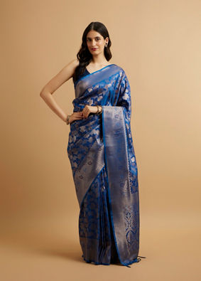 alt message - Mohey Women Indigo Blue Leaf Patterned Saree image number 0